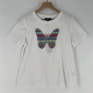 Pink Vanilla White T-Shirt Colorful Embellished Beaded Embroidered Butterfly